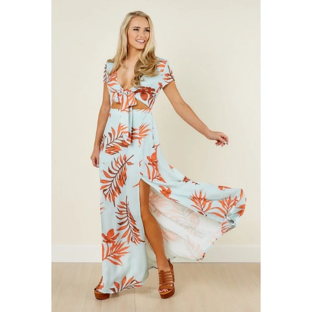 Latiste Mint Blue/Tropical Leaf Orange Island Hop Cut Out Maxi Dress. NWT Size S - Picture 10 of 13